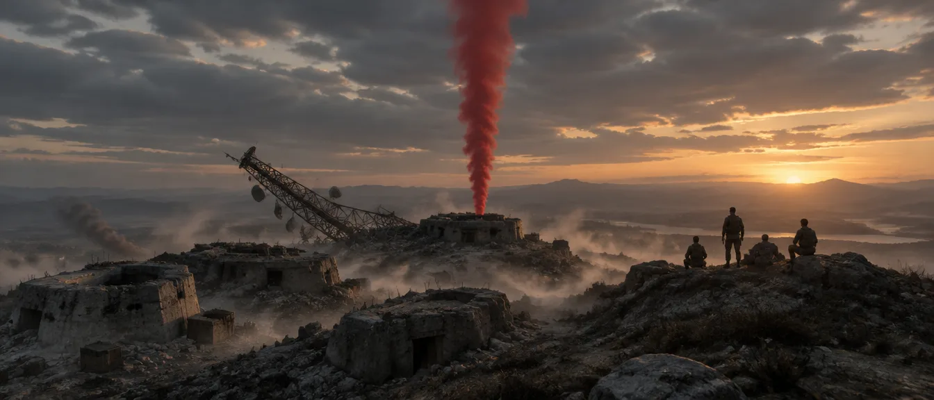 Salient Ridge saat matahari terbenam setelah pertempuran: bunker hancur, menara radio roboh, asap suar merah naik lurus dari objektif, empat prajurit duduk di punggung bukit.
