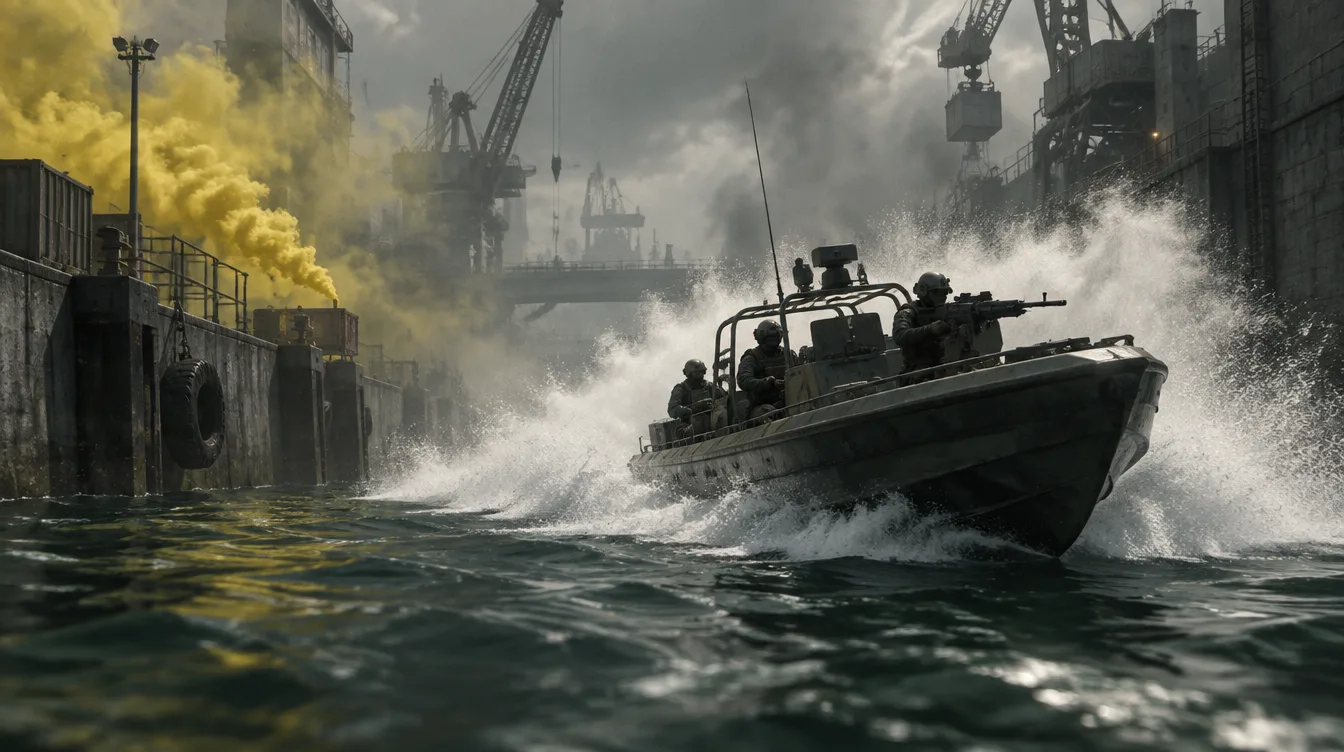 Kapal serang cepat Skelter berbelok tajam di kanal industri sempit dengan semburan air tinggi, asap kuning dari dermaga di kiri.